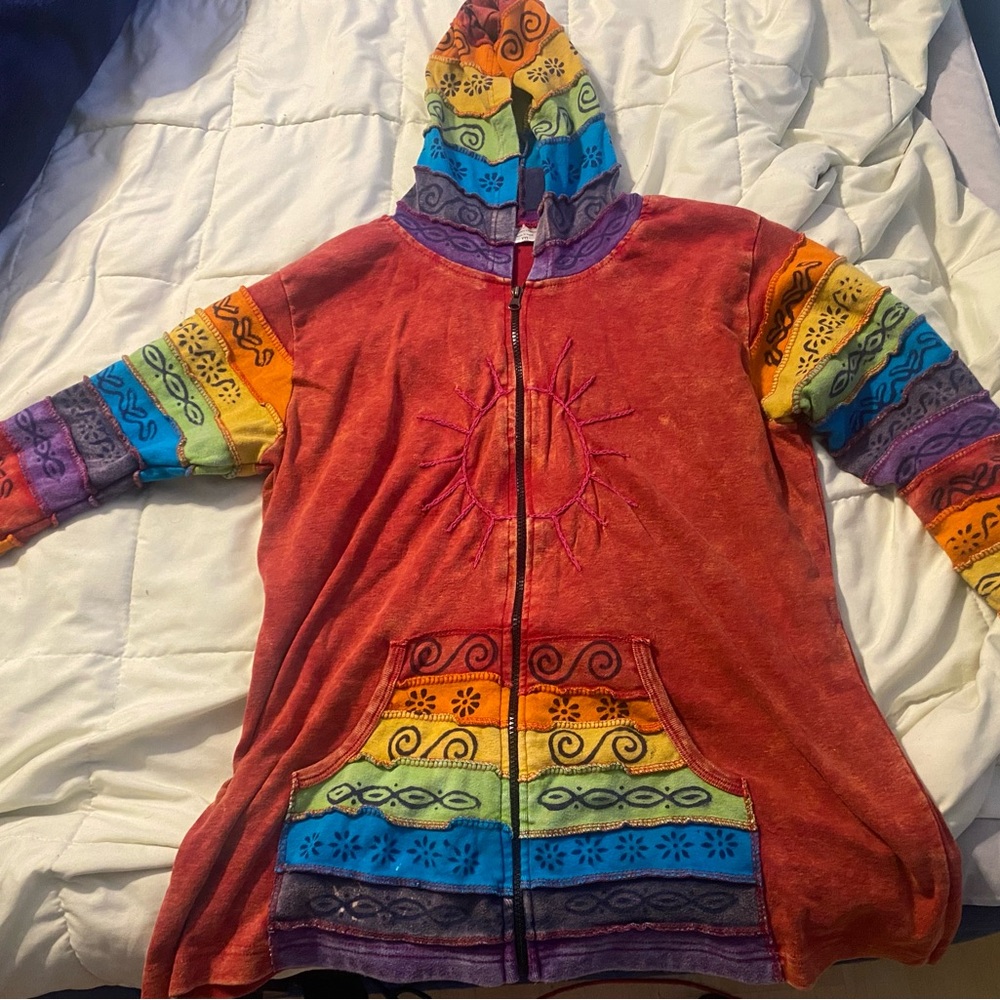 Rainbow Sleeve Red Hooded Trench Coat with Embroidered Sun